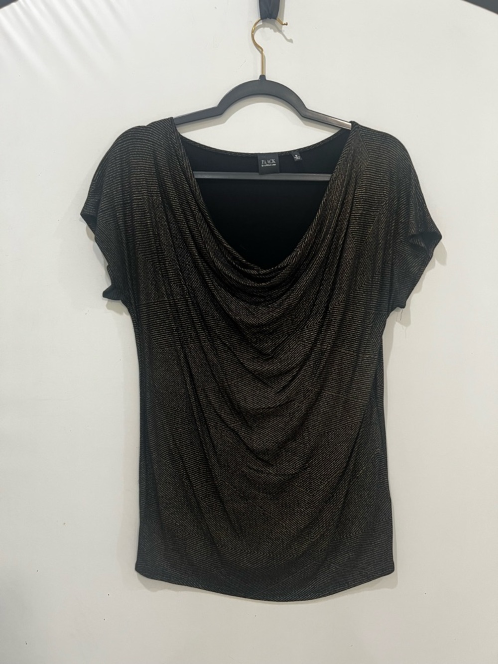 Saks Fifth Avenue Womens Small Black Gold Y2K Fairy Grunge Cowl Neck Draped 90S